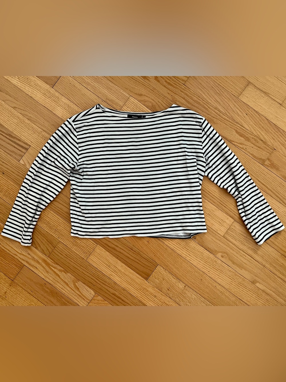 Theory Striped Cropped 3/4 Sleeve Boatneck Top - Black & White Small